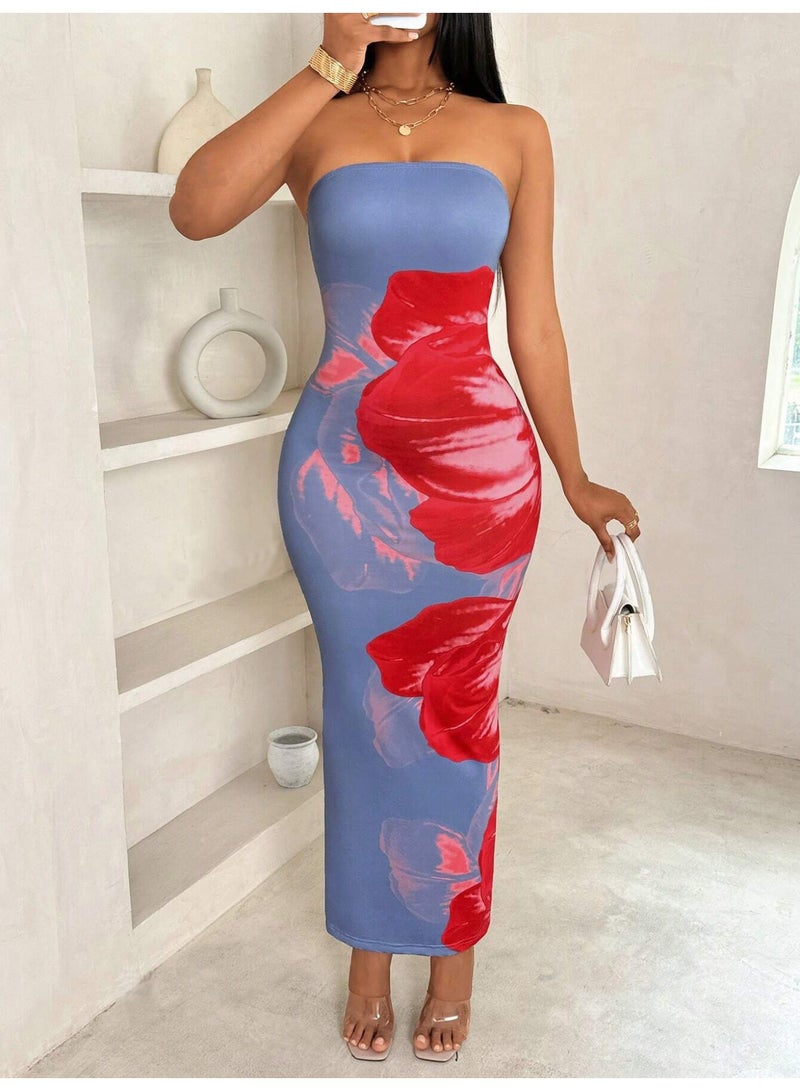 general Floral Print Strapless Bodycon Maxi Dress - Sexy Summer Beach Dress for Women, Tropical Vacation Sundress, Club Party - Image 1