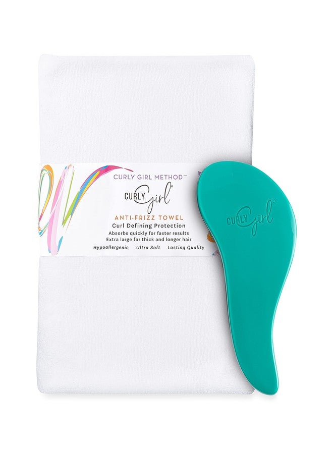 Curly Girl Microfiber Super Absorbent Anti Frizz Hair Towel, Curly Girl Hair Detangling Brush Adults, Kids Detangler Hairbrush (White Towel/Turquoise Brush) - Image 1