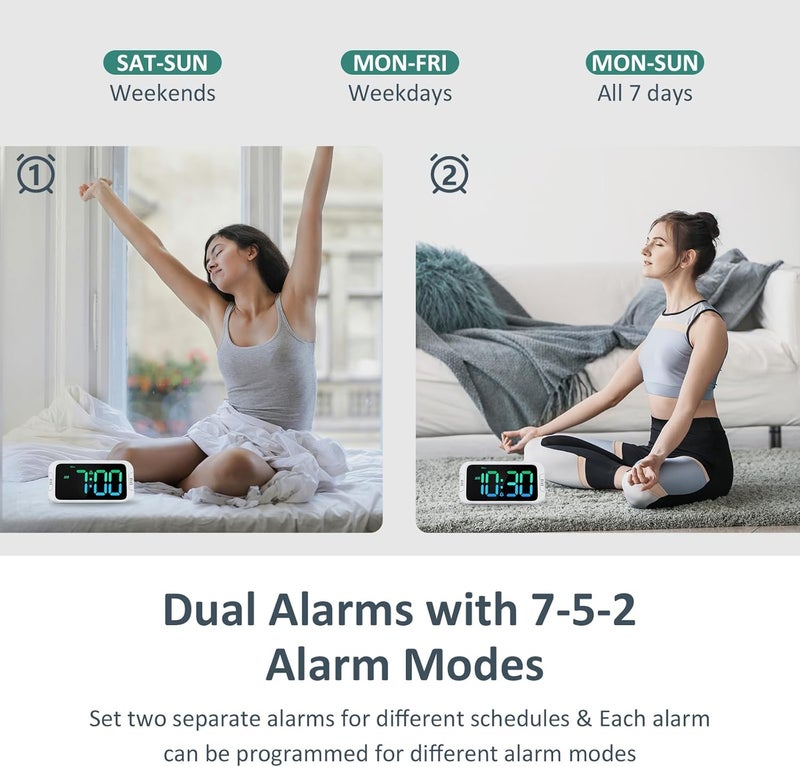 Odokee Dual Colorful Alarm Clock for Kids Bedroom - 0-100% Dimmer, 5 Alarm Sounds, USB Charger, Easy to Set, Weekday/Weekend Mode, Snooze, 12/24Hr, Battery Backup, Digital Clock for Teens Boys Bedside - Image 4