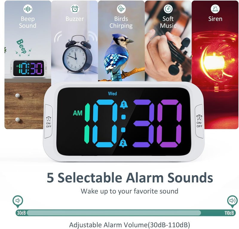 Odokee Dual Colorful Alarm Clock for Kids Bedroom - 0-100% Dimmer, 5 Alarm Sounds, USB Charger, Easy to Set, Weekday/Weekend Mode, Snooze, 12/24Hr, Battery Backup, Digital Clock for Teens Boys Bedside - Image 5