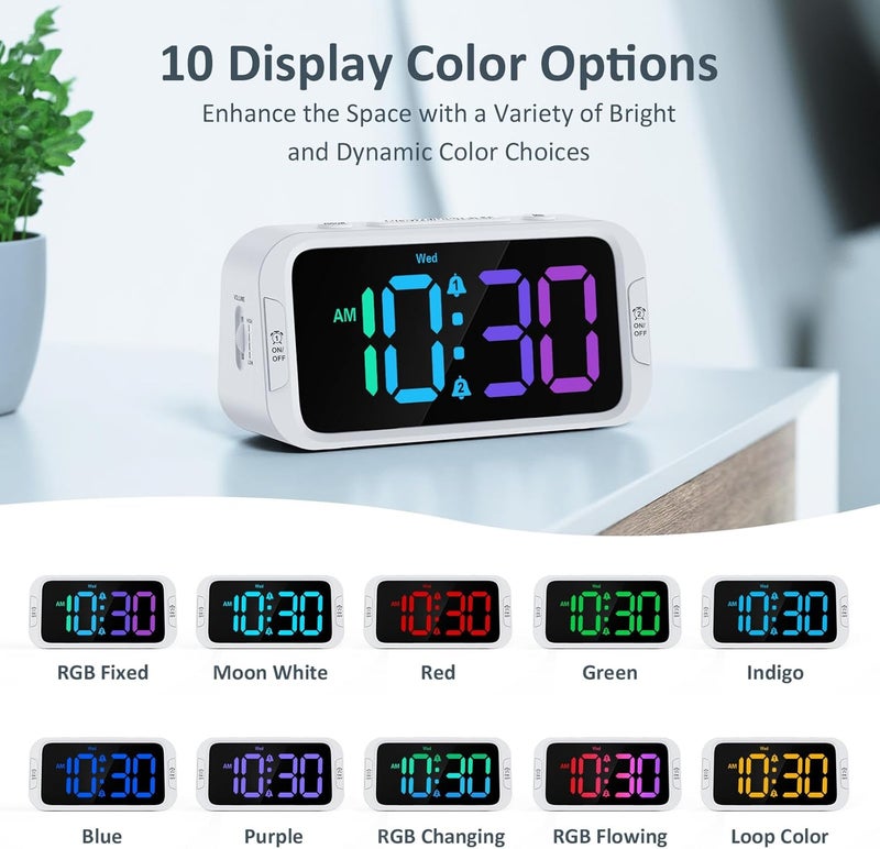 Odokee Dual Colorful Alarm Clock for Kids Bedroom - 0-100% Dimmer, 5 Alarm Sounds, USB Charger, Easy to Set, Weekday/Weekend Mode, Snooze, 12/24Hr, Battery Backup, Digital Clock for Teens Boys Bedside - Image 2