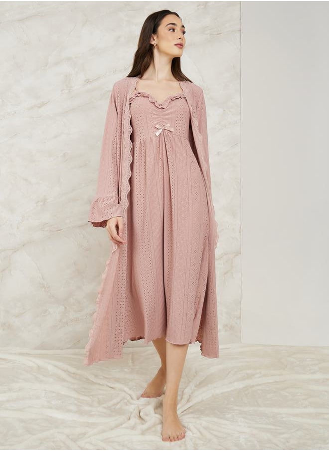 Styli Broderie Lace Trim Detail Slipdress & Robe Set  - Image 1