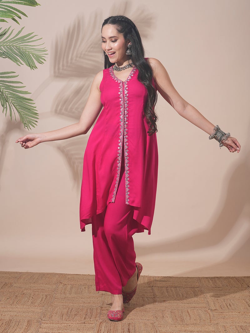 globus Globus Women V-Neck Embroidered & Mirror Work High-Low Hem A-Line Kurta & Pants Fusion Wear Set  - Image 1
