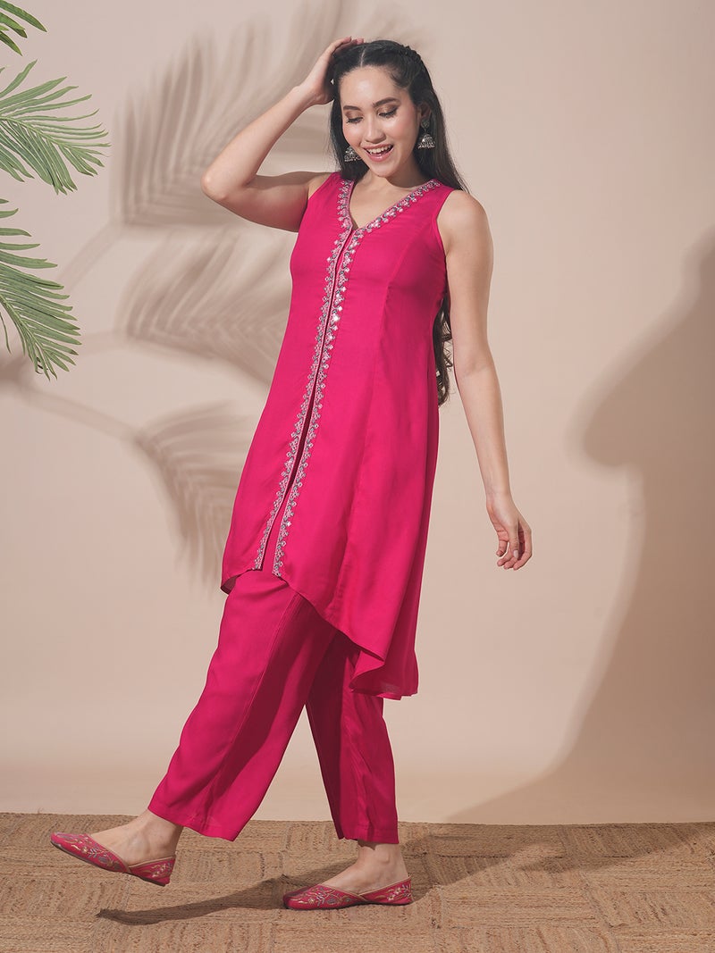 globus Globus Women V-Neck Embroidered & Mirror Work High-Low Hem A-Line Kurta & Pants Fusion Wear Set  - Image 2