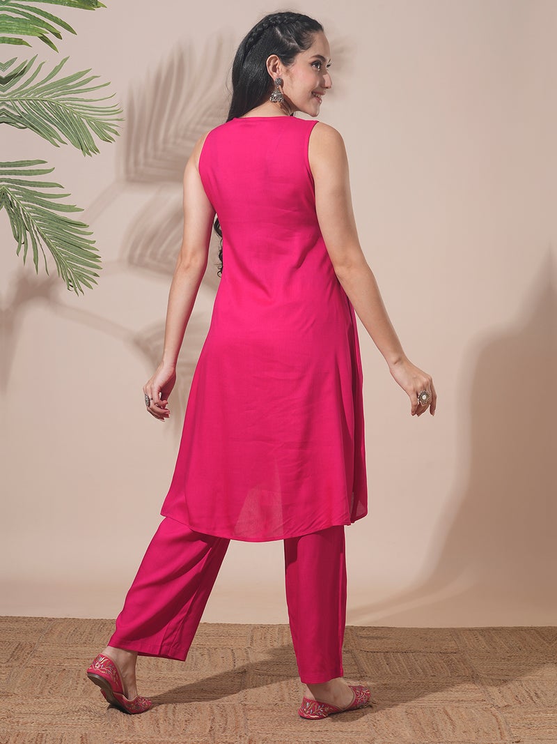 globus Globus Women V-Neck Embroidered & Mirror Work High-Low Hem A-Line Kurta & Pants Fusion Wear Set  - Image 3