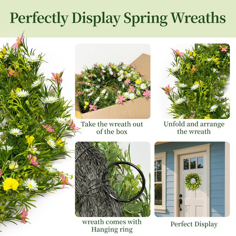 CDorigin 22" Spring Wreath for Front Door, Artificial Floral Wreath with Pink Cosmos Yellow Chamomile White Daisies and Wild Grass, Indoor Outdoor Spring Home Decor for Porch Window Wall - Image 4