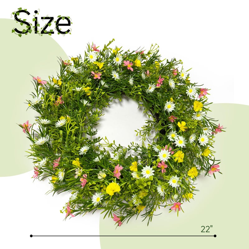 CDorigin 22" Spring Wreath for Front Door, Artificial Floral Wreath with Pink Cosmos Yellow Chamomile White Daisies and Wild Grass, Indoor Outdoor Spring Home Decor for Porch Window Wall - Image 2