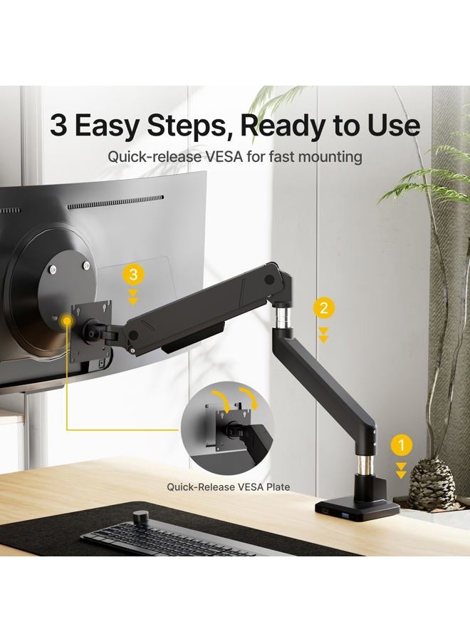 Montek Single Monitor Arm for Max 45 Inch Ultrawide Screens Adjustable Monitor Desk Mount Holds 35 Lbs Cable Management with Clamp/Grommet Desk Mount, VESA 75/100mm, MA1007BK - Image 4