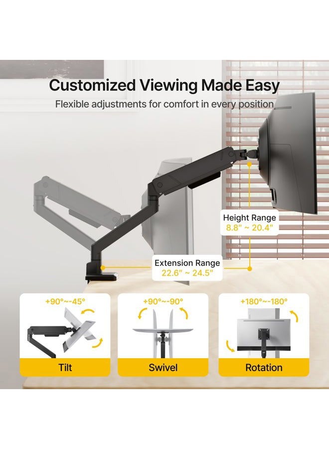 Montek Single Monitor Arm for Max 45 Inch Ultrawide Screens Adjustable Monitor Desk Mount Holds 35 Lbs Cable Management with Clamp/Grommet Desk Mount, VESA 75/100mm, MA1007BK - Image 2