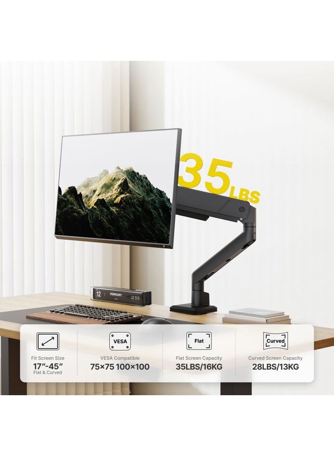 Montek Single Monitor Arm for Max 45 Inch Ultrawide Screens Adjustable Monitor Desk Mount Holds 35 Lbs Cable Management with Clamp/Grommet Desk Mount, VESA 75/100mm, MA1007BK - Image 3