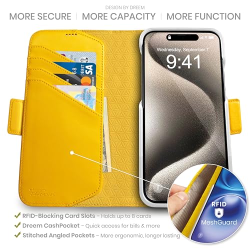 Dreem Wallet Case for iPhone 15 Pro Revolutionary VertHor Phone Stand Magnetic Detachable Vegan Leather Flip Cover RFID Blocking Card Holder MagSafeFit Gift Box Fibonacci Yellow - Image 3
