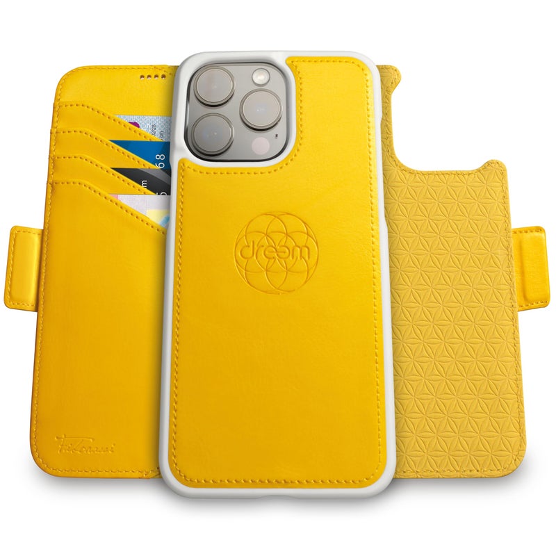 Dreem Wallet Case for iPhone 15 Pro Revolutionary VertHor Phone Stand Magnetic Detachable Vegan Leather Flip Cover RFID Blocking Card Holder MagSafeFit Gift Box Fibonacci Yellow - Image 2