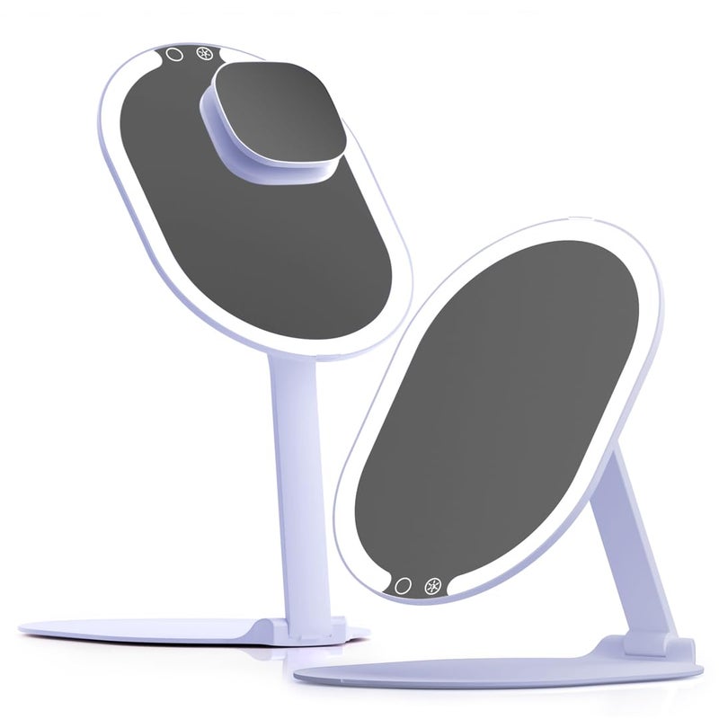 Fancii LED Rechargeable Portable Makeup Mirror with 3 Color Light Settings  10x Magnetic Magnifying Mirror  Ultra Slim Foldable Travel Vanity Mirror 1500 mAh Battery Height Purple