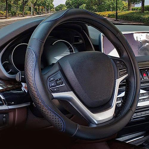 Valleycomfy Leather Steering Wheel Covers Universal 15 inch -Breathable, Anti Slip & Odor Free (Black with Blue Lines,M(14" 1/2-15" 1/4)) - Image 1