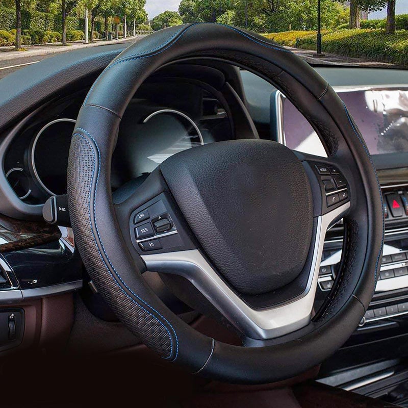 Valleycomfy Leather Steering Wheel Covers Universal 15 inch -Breathable, Anti Slip & Odor Free (Black with Blue Lines,M(14" 1/2-15" 1/4)) - Image 5