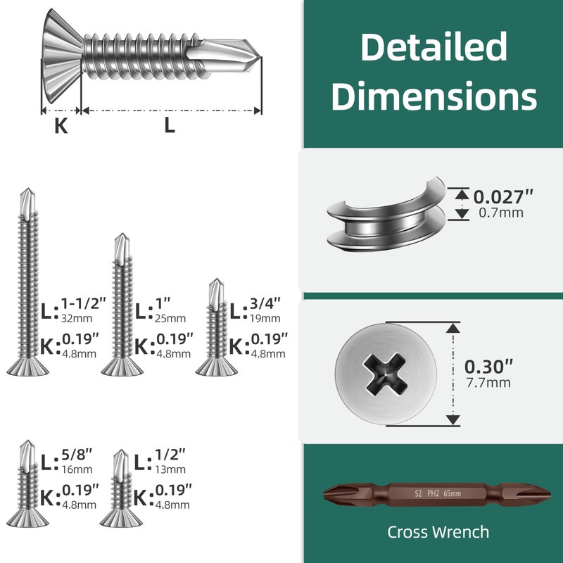 EASTPUK 110Pcs #8 Self Tapping Screws for Metal, 410 Stainless Steel Serrated Flat Head Self Drilling Sheet Metal Screws Assortment Kit for Aluminum Steel Furniture Windows Ceilings Slidings Railings - Image 2