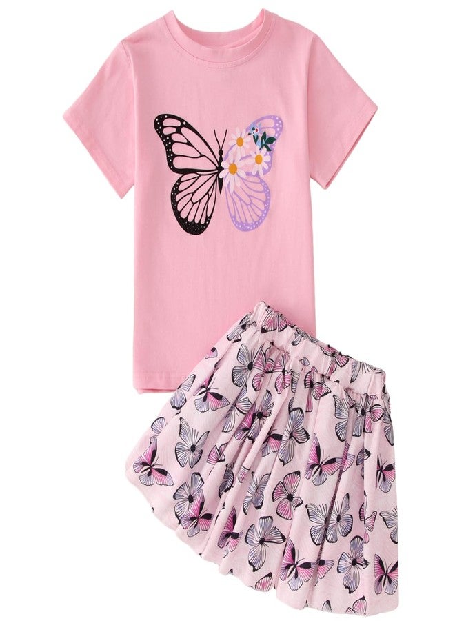 KEKEMI Kid Toddler Girl Skirt Set Cute Butterfly Print Short Sleeve Shirt Tutu Skirt Set Summer Outfits 2 Piece Outfit 1-8Y(Pink,6-7Y) - Image 1