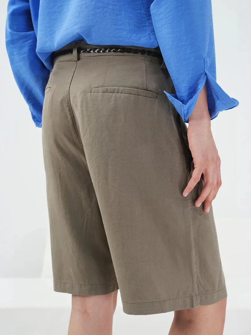 Giesto Khaki Green GIESTO Mid Waist Wide Leg Tencel Shorts for Men | Best Price UAE