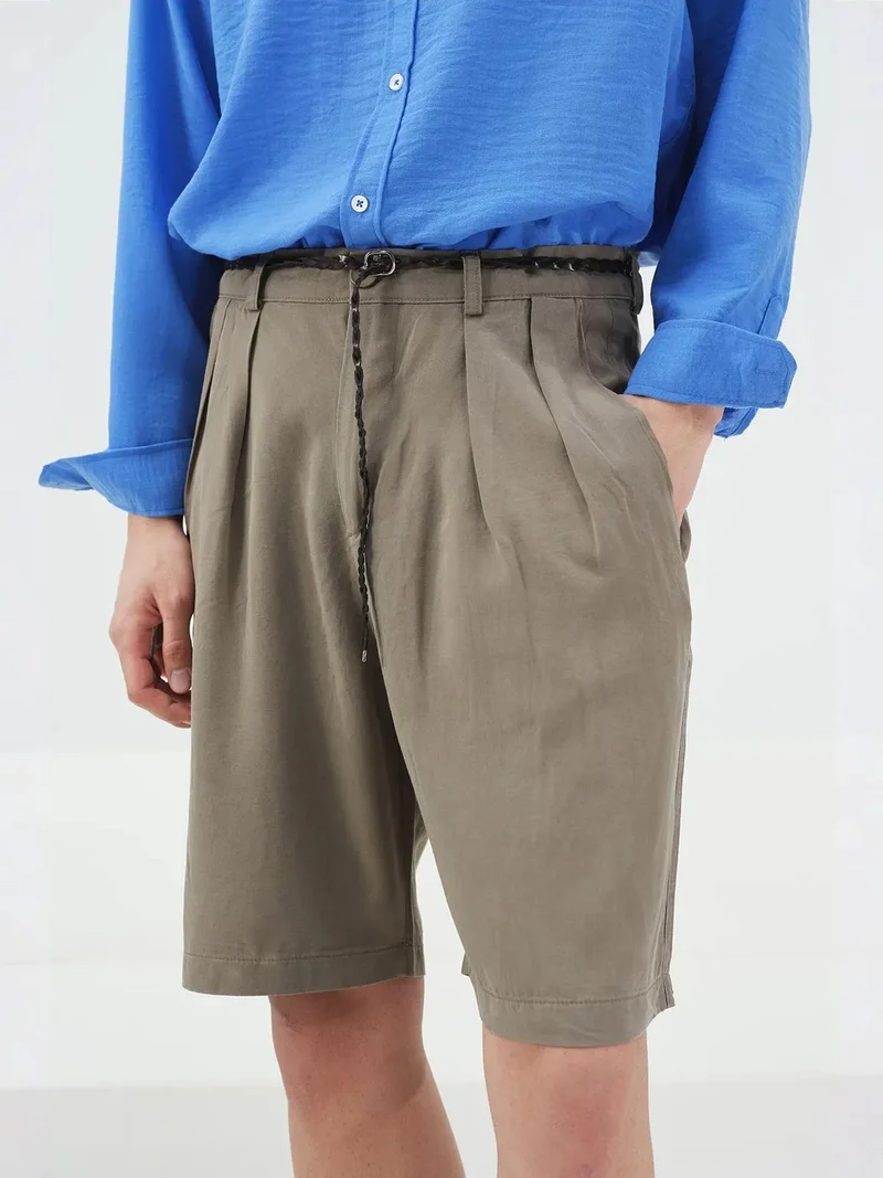 Giesto Khaki Green GIESTO Mid Waist Wide Leg Tencel Shorts for Men | Best Price UAE