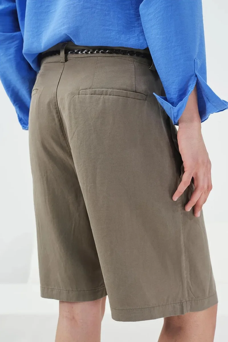 Giesto Khaki Green GIESTO Mid Waist Wide Leg Tencel Shorts for Men | Best Price UAE
