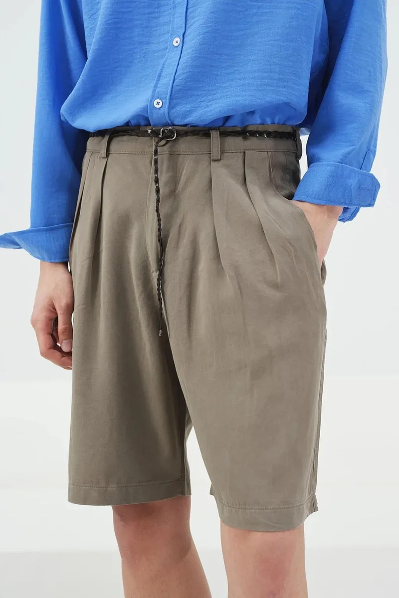 Giesto Khaki Green GIESTO Mid Waist Wide Leg Tencel Shorts for Men | Best Price UAE