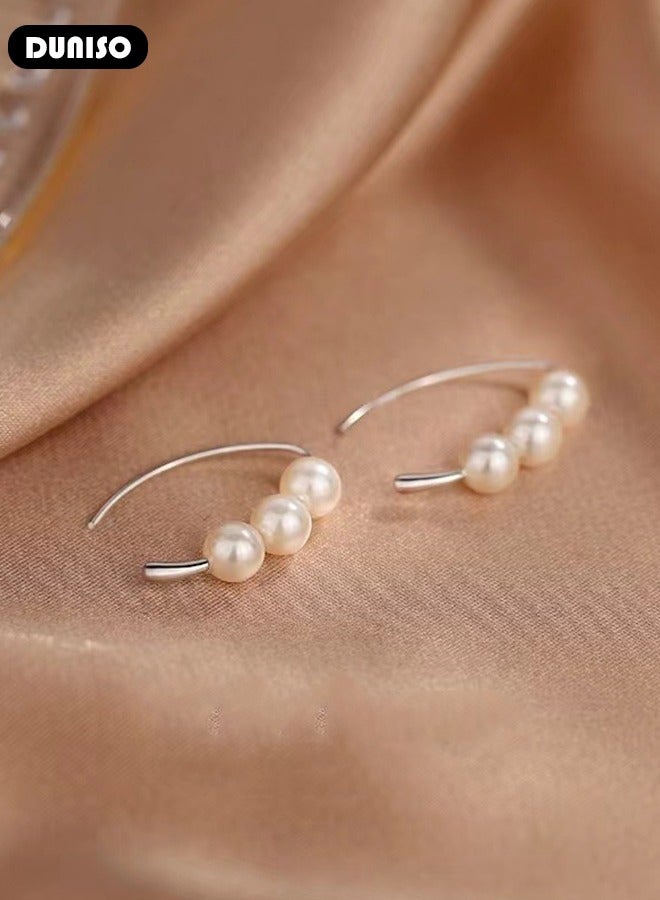 DUNISO 925 Sterling Silver Pearl Earrings Hypoallergenic Pearl Drop Earrings, Silver Pearl Earrings, Lightweight Silver Pearl Earrings Fine Jewelry for Womens Girls - Image 3