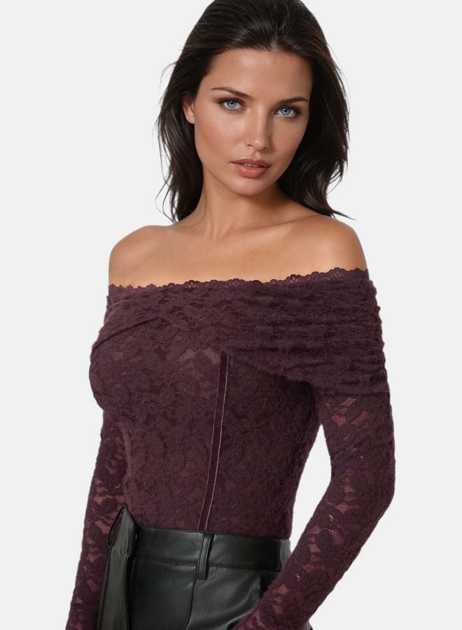bebe Off Shoulder Fluffy Lace Top - Image 4