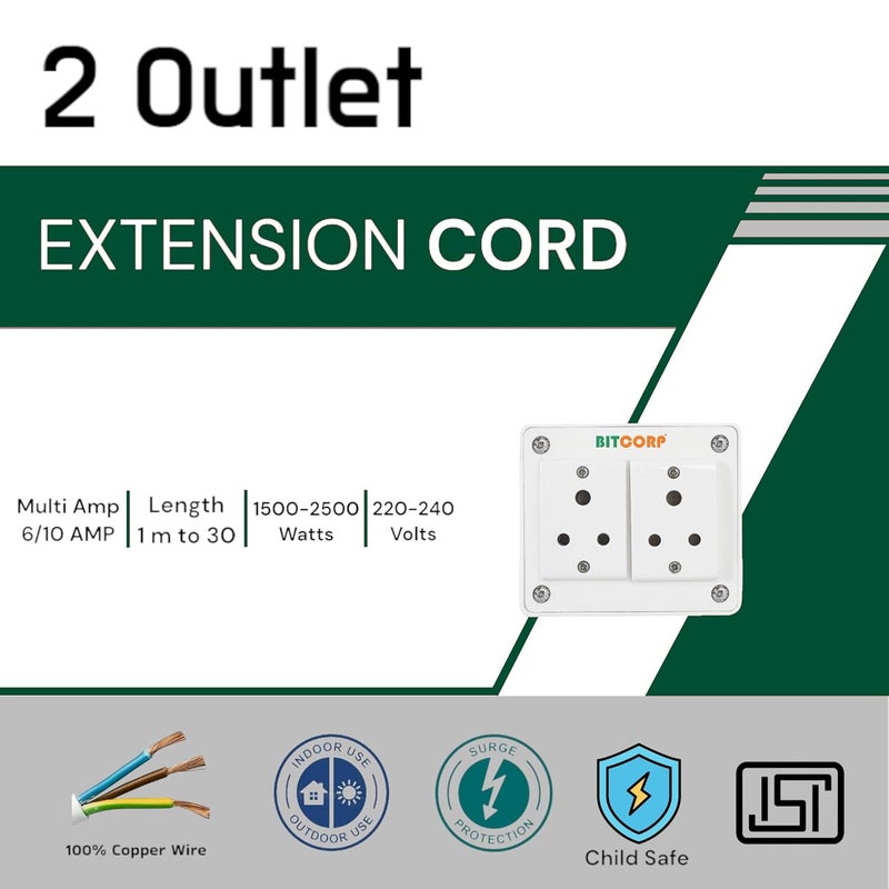 BITCORP Bitcorp Extension Cord 6A 10A 13A for Small and Heavy Duty Appliances 2 Way Multi Pin Outlet Plug 2000W Spike Guard Power Strip with 4 Meter Long Cable Cord White  - Image 2