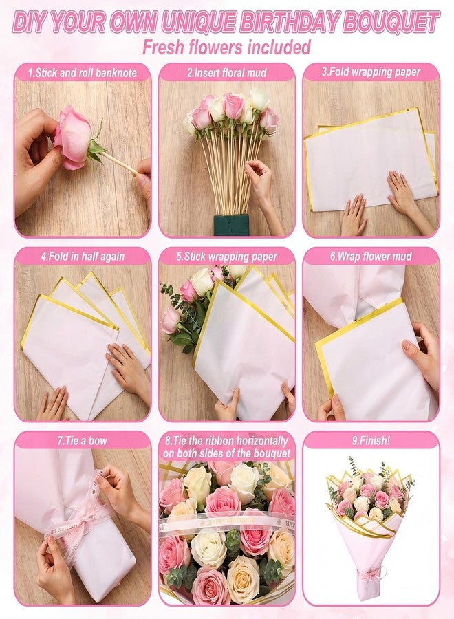 Maitys 189 Pcs Money Bouquet Kit 20 Sheets DIY Flower Wrapping Paper 100 Pcs Bamboo Skewers Floral Foam Blocks for Birthday Anniversary Wedding Gift - Image 3
