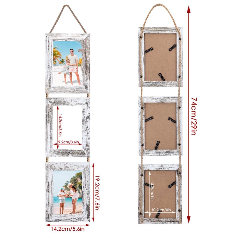 QUTREY 4x6 Picture Frames Collage, 3 Openings 4 x 6 Vertical Hanging Photo Frames Display 4 by 6 inch Pictures for Wall Decor, Distressed White - Image 2