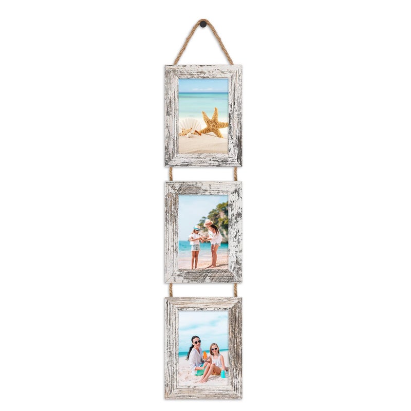 QUTREY 4x6 Picture Frames Collage, 3 Openings 4 x 6 Vertical Hanging Photo Frames Display 4 by 6 inch Pictures for Wall Decor, Distressed White - Image 1