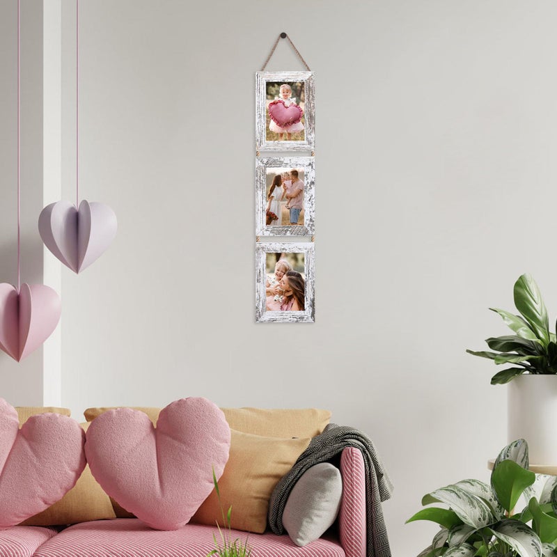 QUTREY 4x6 Picture Frames Collage, 3 Openings 4 x 6 Vertical Hanging Photo Frames Display 4 by 6 inch Pictures for Wall Decor, Distressed White - Image 4