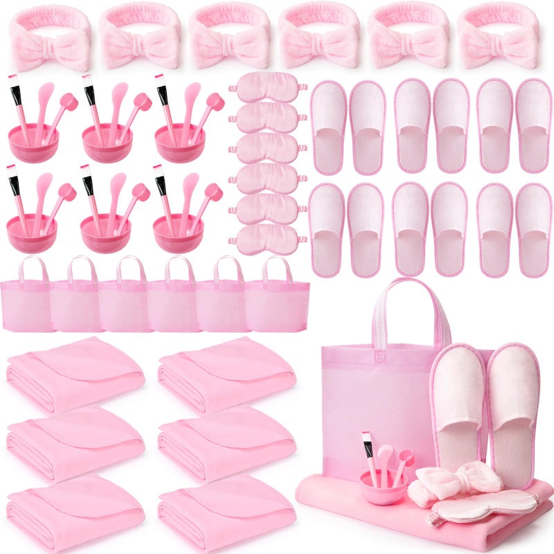 Tegeme 36 Pcs Sleepover Party Supplies for Girls 6 Fleece 59x48 Inch Throw Blanket 6 Eye Mask 6 Spa Headband 6 Slippers 6 Set Face Mask Mixing Bowl 6 Tote Bag for Slumber Sleepover Spa Party Gift - Image 1