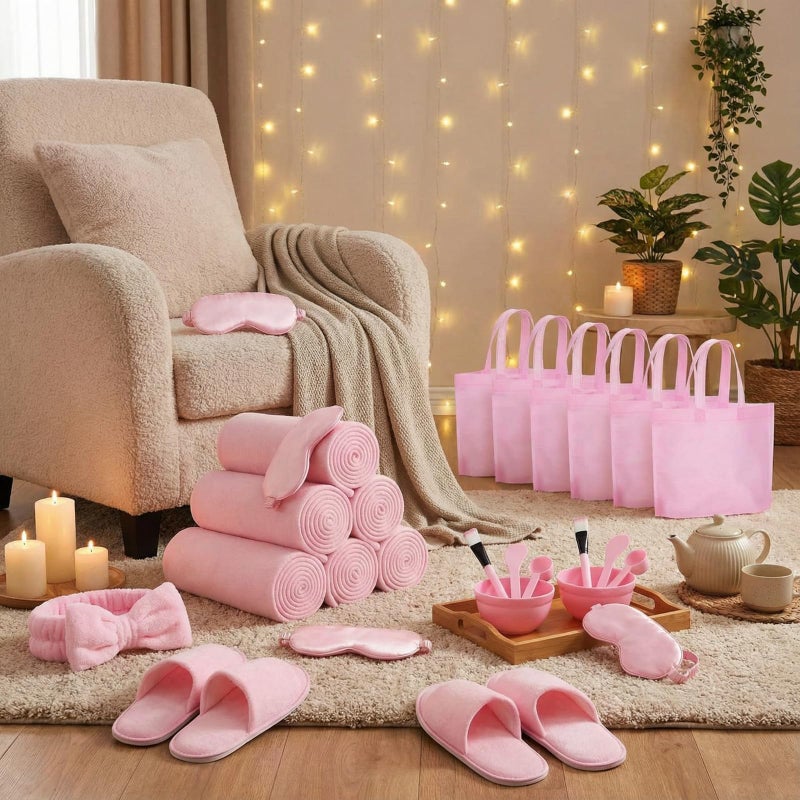 Tegeme 36 Pcs Sleepover Party Supplies for Girls 6 Fleece 59x48 Inch Throw Blanket 6 Eye Mask 6 Spa Headband 6 Slippers 6 Set Face Mask Mixing Bowl 6 Tote Bag for Slumber Sleepover Spa Party Gift - Image 4