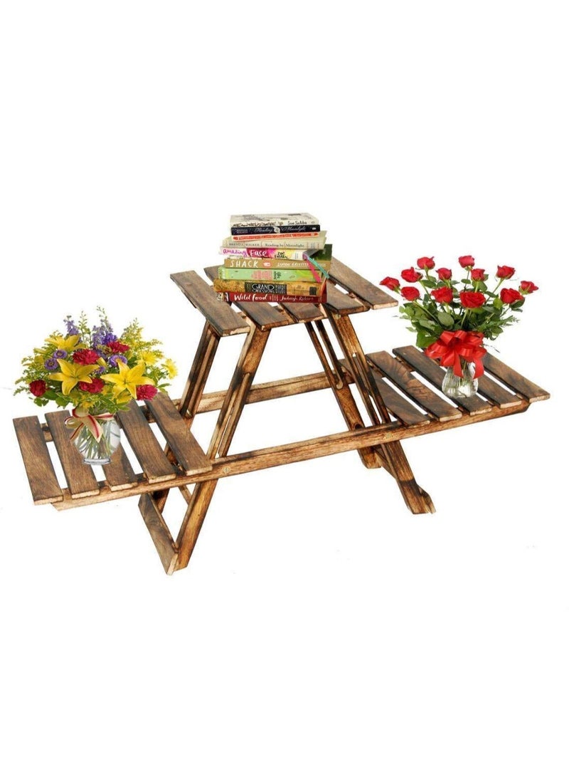 DubaiGallery رف خشبي متعدد الاستخدامات قابل للطي حامل نباتات 3 طوابق طاولة جانبية لغرفة المعيشة مقعد خشبي حامل أصيص الزهور حامل المزهرية حامل النباتات للحديقة والهواء الطلق - Image 4