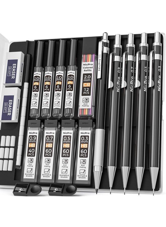 Nicpro - Black Art Mechanical Pencil Set In Case, Metal Drafting Pencils 0.3, 0.5, 0.7, 0.9 & 2Mm Graphite Lead Holders (2H Hb 2B 4B Colored Lead) For Sketching Drawing With 9 Lead Refills, 2 Erasers - Image 1