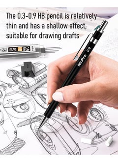 Nicpro Black Art Mechanical Pencil Set In Case, Metal Drafting Pencils 0.3, 0.5, 0.7, 0.9 & 2Mm Graphite Lead Holders (2H Hb 2B 4B Colored Lead) For Sketching Drawing With 9 Lead Refills, 2 Erasers  - Image 3