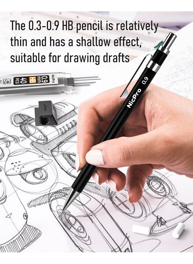 Nicpro - Black Art Mechanical Pencil Set In Case, Metal Drafting Pencils 0.3, 0.5, 0.7, 0.9 & 2Mm Graphite Lead Holders (2H Hb 2B 4B Colored Lead) For Sketching Drawing With 9 Lead Refills, 2 Erasers - Image 1