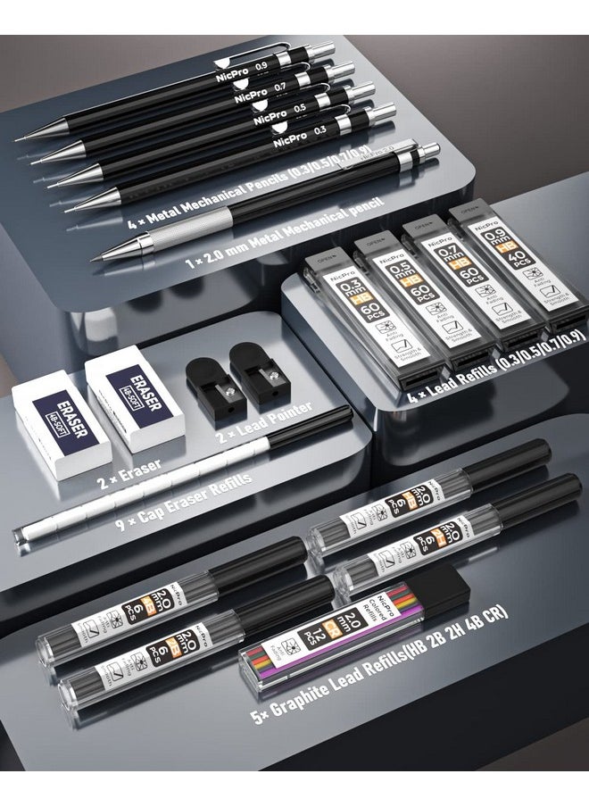 Nicpro - Black Art Mechanical Pencil Set In Case, Metal Drafting Pencils 0.3, 0.5, 0.7, 0.9 & 2Mm Graphite Lead Holders (2H Hb 2B 4B Colored Lead) For Sketching Drawing With 9 Lead Refills, 2 Erasers - Image 1