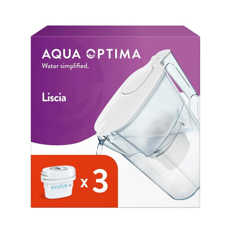 Aqua Optima Liscia Water Filter Jug  3 Evolve Filter Cartridges 25L White  Fridge  Dishwasher Friendly Easy Fill  Reduces Limescale Chlorine  Other Impurities  By LAICA Packaging May Vary