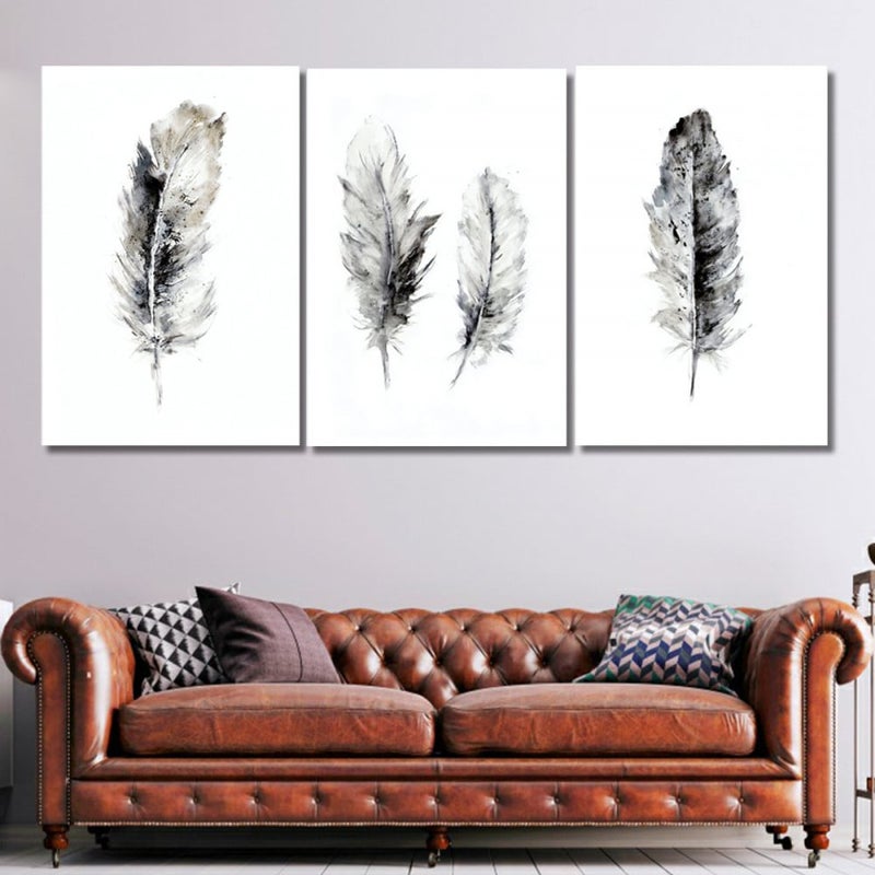 Marktna Three modern canvas paintings with a feather design and a hollow frame, measuring (150×70), three pieces - Image 1