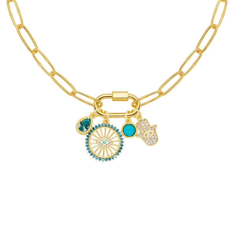 Milla 14K Gold Charm Necklace for Women, 18 inches Paperclip Chain and 2 inches Extension, with Pendants on Carabiner. Safe and Hypoallergenic (Evil Eye - Hamsa - Turquoise) - Image 1