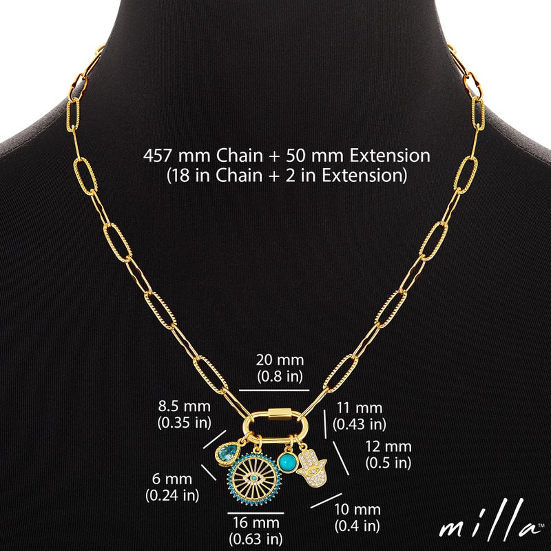 Milla 14K Gold Charm Necklace for Women, 18 inches Paperclip Chain and 2 inches Extension, with Pendants on Carabiner. Safe and Hypoallergenic (Evil Eye - Hamsa - Turquoise) - Image 3