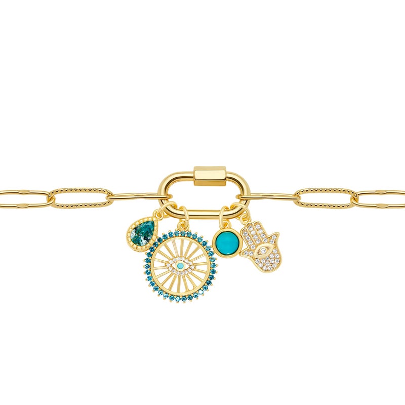 Milla 14K Gold Charm Necklace for Women, 18 inches Paperclip Chain and 2 inches Extension, with Pendants on Carabiner. Safe and Hypoallergenic (Evil Eye - Hamsa - Turquoise) - Image 4