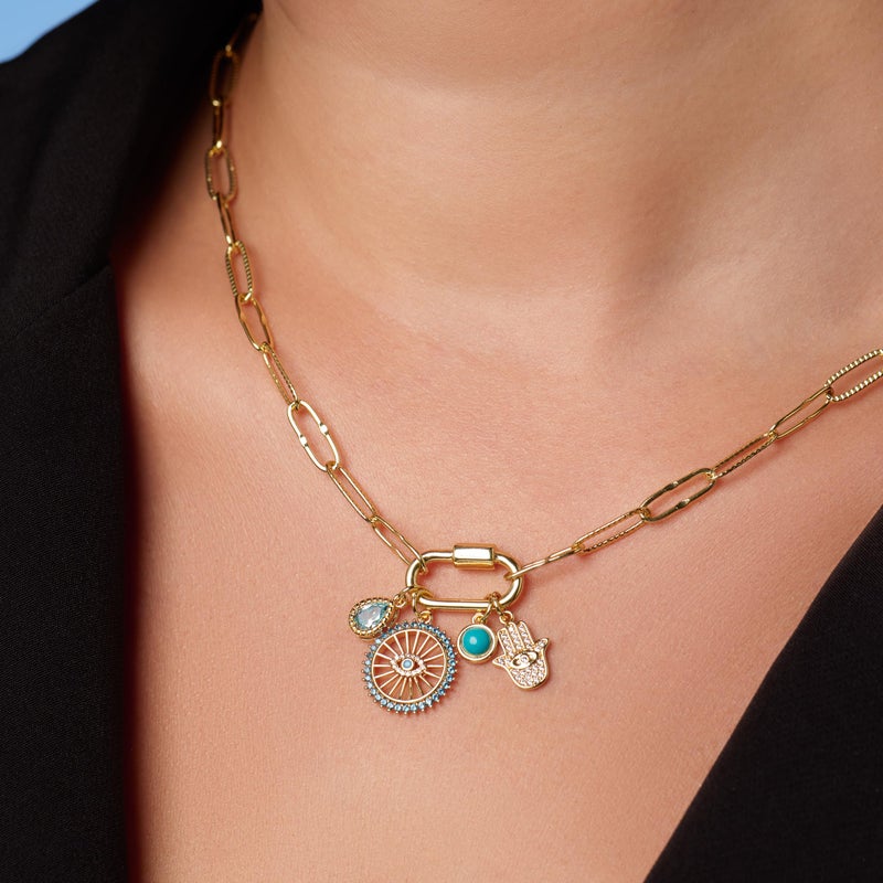 Milla 14K Gold Charm Necklace for Women, 18 inches Paperclip Chain and 2 inches Extension, with Pendants on Carabiner. Safe and Hypoallergenic (Evil Eye - Hamsa - Turquoise) - Image 2