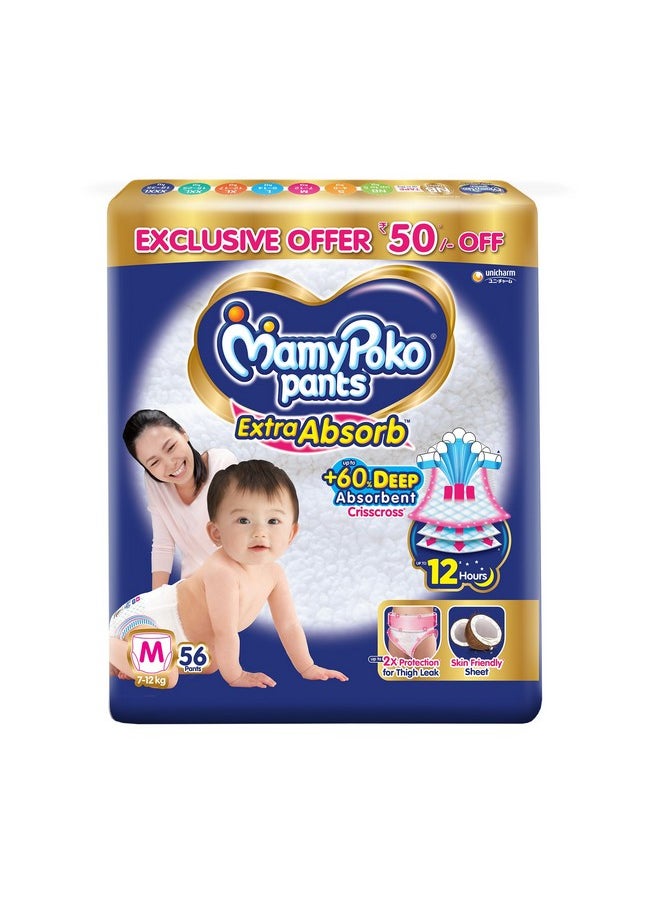 MamyPoko Pants Extra Absorb Baby Diapers, Medium (M), 56 Count, 7-12 Kg 