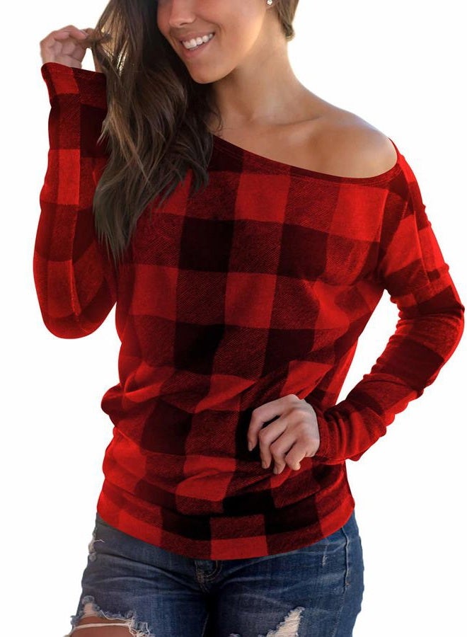 Cosonsen Women's Off Shoulder Top Long Sleeve Plaid Tee Shirt Blouse, A2 Red Plaid, L - Image 2