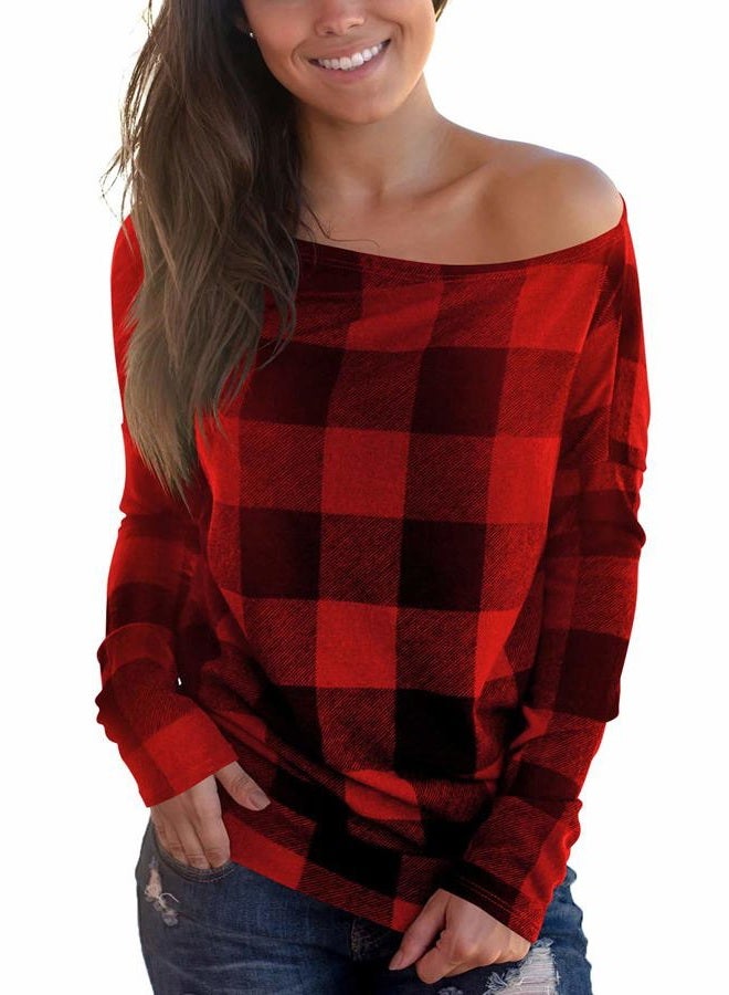 Cosonsen Women's Off Shoulder Top Long Sleeve Plaid Tee Shirt Blouse, A2 Red Plaid, L - Image 1