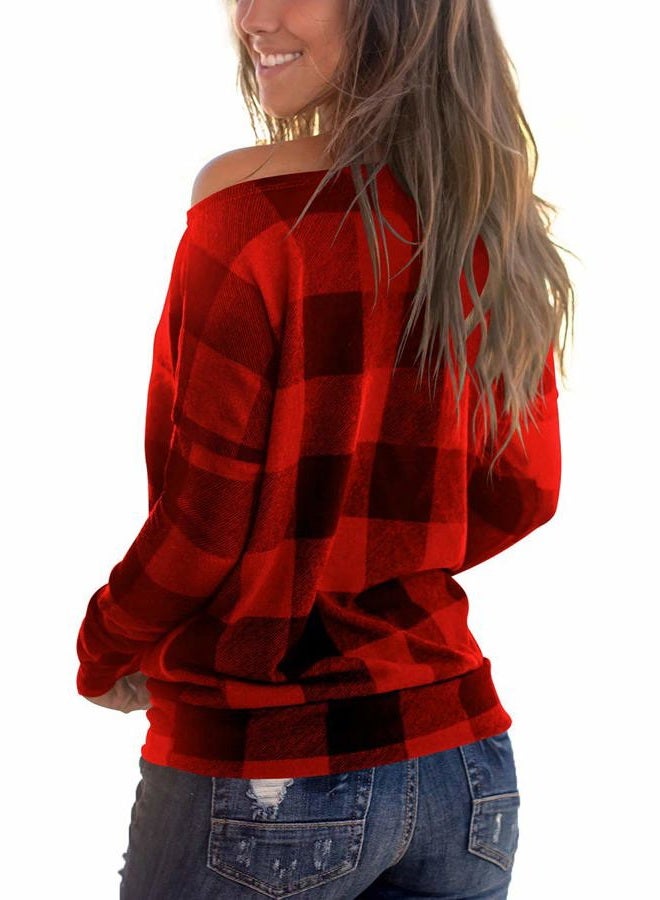 Cosonsen Women's Off Shoulder Top Long Sleeve Plaid Tee Shirt Blouse, A2 Red Plaid, L - Image 3
