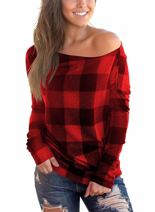 Cosonsen Women's Off Shoulder Top Long Sleeve Plaid Tee Shirt Blouse, A2 Red Plaid, L - Image 4